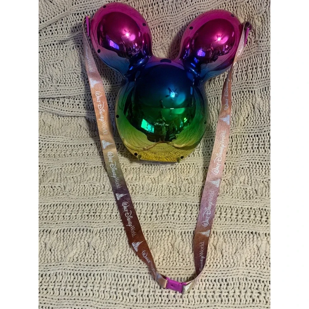 Disney World Magic Kingdom Rainbow Ombre Mickey Balloon Popcorn Bucket Metallic
